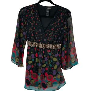 Bisou Bisou Michele Bohbot 3/4 Bell Sleeve Tunic/Top Black Multi‎ Geometric XS